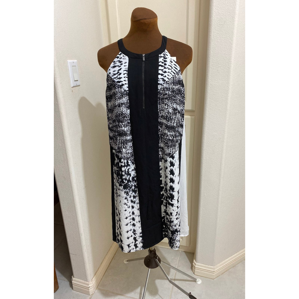 BCBGMaxAzria Ava Black and White Print Color Blocked Sleeveless Halter Dress